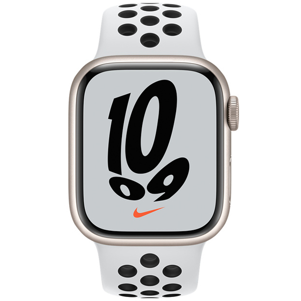 عکس ساعت اپل سری 7 نایکی Apple Watch Series 7 Nike Starlight Aluminum Case with Pure Platinum/Black Nike Sport Band 41mm، عکس ساعت اپل سری 7 نایکی بدنه آلومینیومی استارلایت و بند نایکی استارلایت 41 میلیمتر