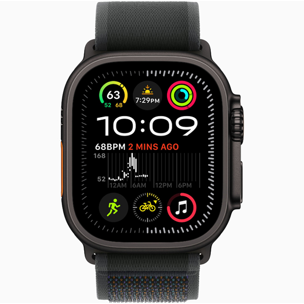 عکس ساعت اپل اولترا 2 بدنه تیتانیوم مشکی و بند تریل مشکی، عکس Apple Watch Ultra 2 Black Titanium Case with Black Trail Loop