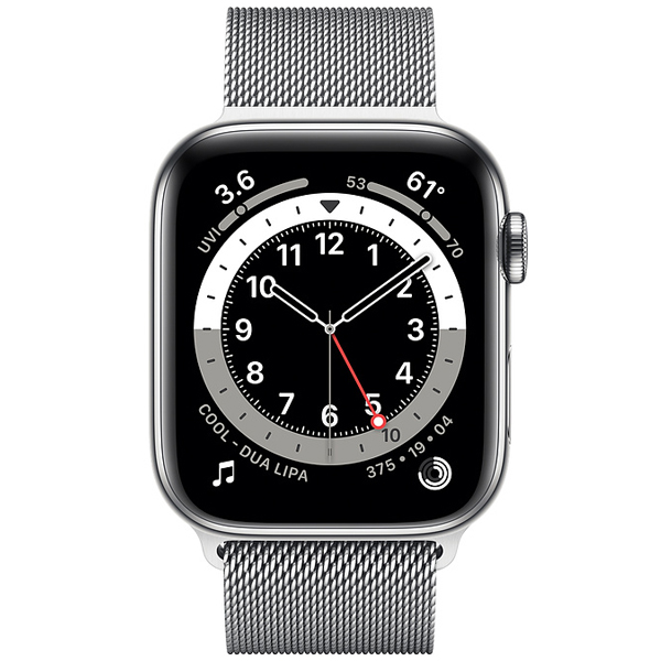 عکس ساعت اپل سری 6 سلولار Apple Watch Series 6 Cellular Silver Stainless Steel Case with Silver Milanese Loop Band 44mm، عکس ساعت اپل سری 6 سلولار بدنه استیل نقره ای و بند استیل میلان نقره ای 44 میلیمتر