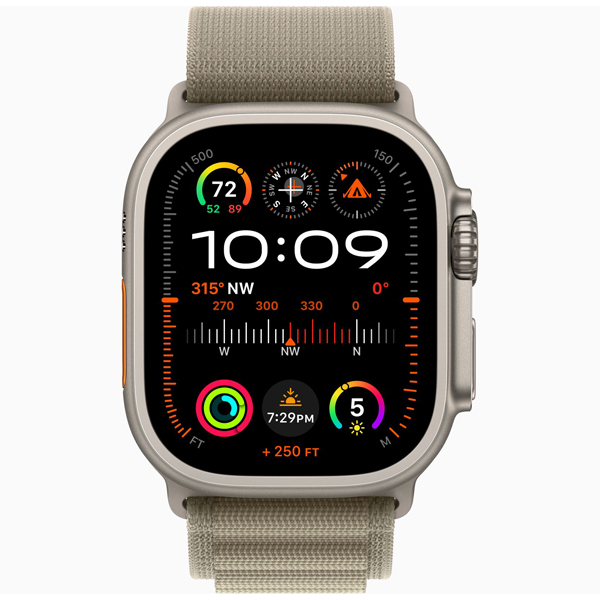 عکس ساعت اپل اولترا 2 بدنه تیتانیوم و بند آلپاین زیتونی، عکس Apple Watch Ultra 2 Titanium Case with Olive Alpine Loop