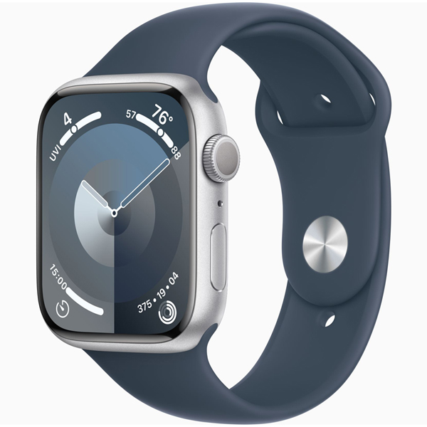 تصاویر ساعت اپل سری 9 بدنه آلومینیومی نقره ای و بند اسپرت آبی 45 میلیمتر، تصاویر Apple Watch Series 9 Silver Aluminum Case with Storm Blue Sport Band 45mm