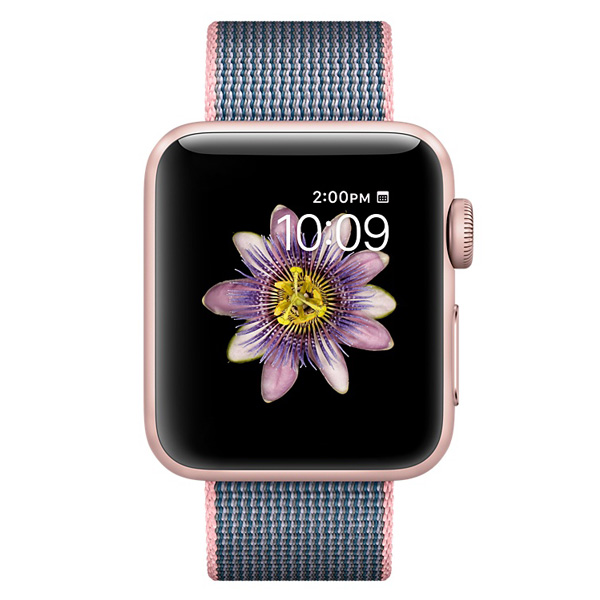 عکس ساعت اپل سری 2 سری 2 با بدنه آلومینیوم رز گلد و بند نایلون صورتی سورمه ای 42 میلیمتر، عکس Apple Watch Series 2 Series 2 Rose Gold Aluminum Case Light Pink/Midnight Blue Woven Nylon