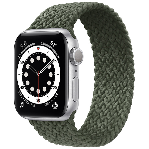 تصاویر ساعت اپل سری 6 جی پی اس بدنه آلومینیم نقره ای و بند سولو لوپ بافته شده سبز 44 میلیمتر، تصاویر Apple Watch Series 6 GPS Silver Aluminum Case with Inverness Green Braided Solo Loop 44mm