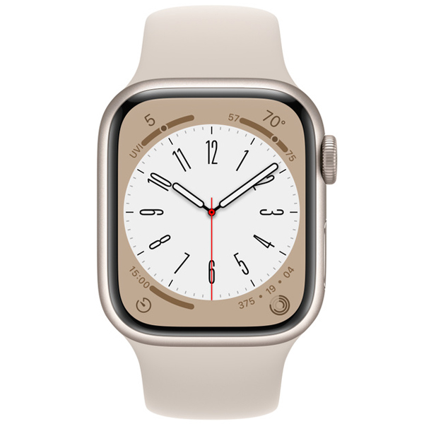 عکس ساعت اپل سری 8 بدنه آلومینیومی استارلایت و بند اسپرت استارلایت 41 میلیمتر، عکس Apple Watch Series 8 Starlight Aluminum Case with Starlight Sport Band 41mm