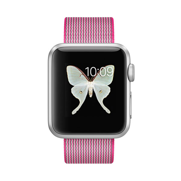 گالری ساعت اپل Apple Watch Watch Silver Aluminum Case with Pink Woven Nylon 38mm، گالری ساعت اپل بدنه آلومینیوم نقره ای بند نایلونی صورتی 38 میلیمتر