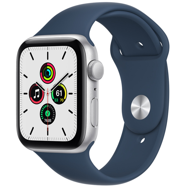 Apple Watch SE GPS Silver Aluminum Case with Abyss Blue Sport Band 44mm 2021، ساعت اپل اس ای جی پی اس بدنه آلومینیم نقره ای و بند اسپرت آبی 44 میلیمتر مدل 2021