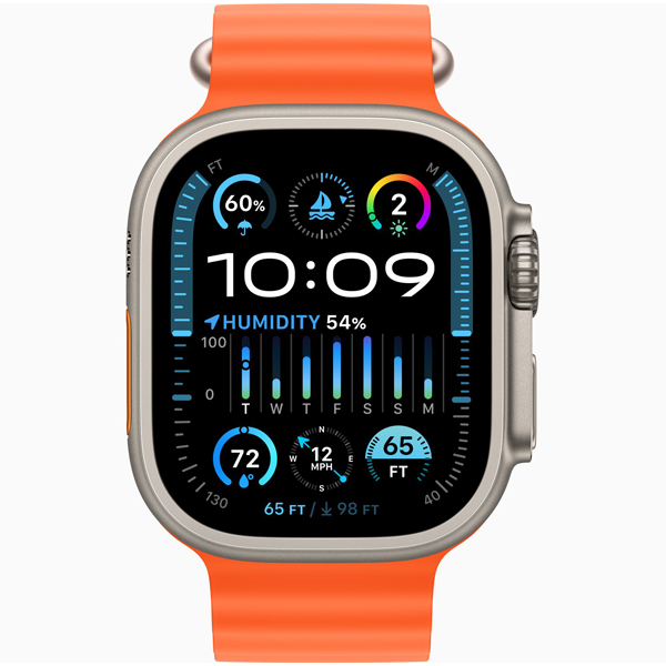 عکس ساعت اپل اولترا 2 Apple Watch Ultra 2 Titanium Case with Orange Ocean Band، عکس ساعت اپل اولترا 2 بدنه تیتانیوم و بند اوشن نارنجی