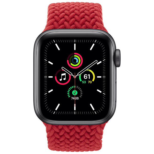 عکس ساعت اپل اس ای جی پی اس بدنه آلومینیم خاکستری و بند سولو لوپ بافته شده قرمز، عکس Apple Watch SE GPS Space Gray Aluminum Case with Red Braided Solo Loop