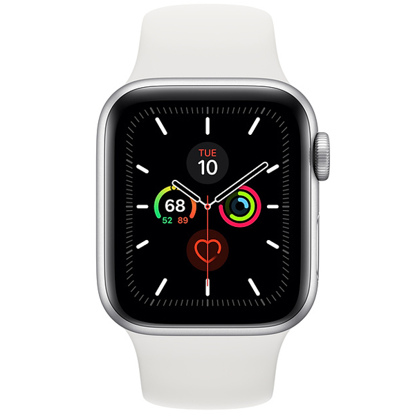 عکس ساعت اپل سری 5 جی پی اس بدنه آلومینیوم نقره ای و بند اسپرت سفید 44 میلیمتر، عکس Apple Watch Series 5 GPS Silver Aluminum Case with White Sport Band 44 mm