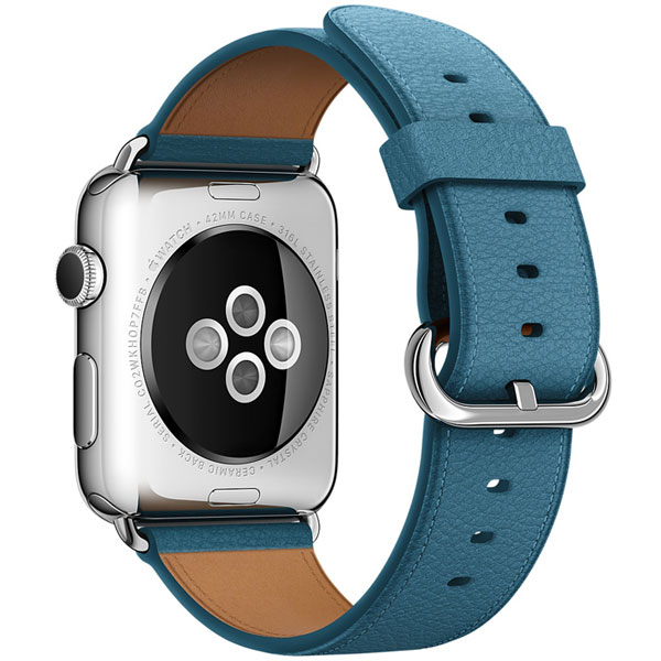 عکس ساعت اپل بدنه استیل بند چرمی آبی با سگک کلاسیک 42 میلیمتر، عکس Apple Watch Watch Stainless Steel Case With Marine Blue Classic Buckle 42mm