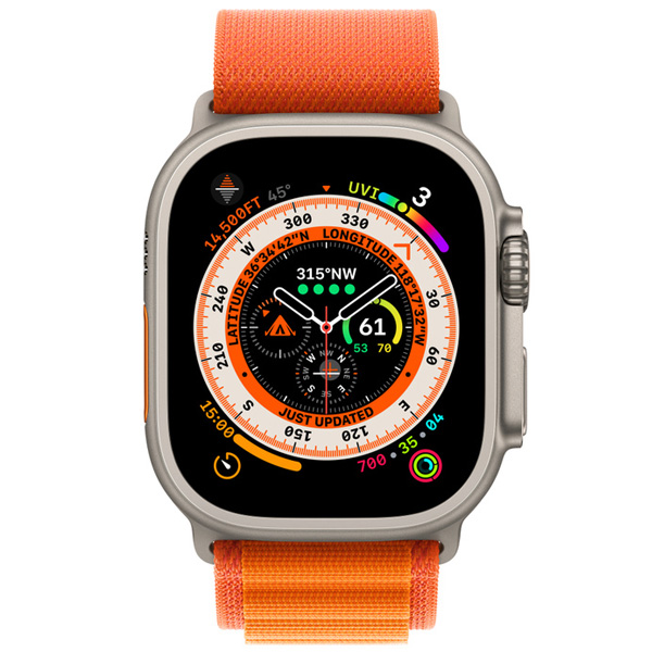 عکس ساعت اپل اولترا بدنه تیتانیوم و بند آلپاین نارنجی، عکس Apple Watch Ultra Titanium Case with Orange Alpine Loop