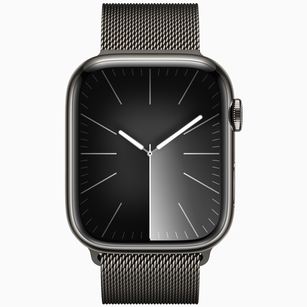 عکس ساعت اپل سری 9 سلولار بدنه استیل خاکستری و بند استیل میلان خاکستری 41 میلیمتر، عکس Apple Watch Series 9 Cellular Graphite Stainless Steel Case with Graphite Milanese Loop 41mm