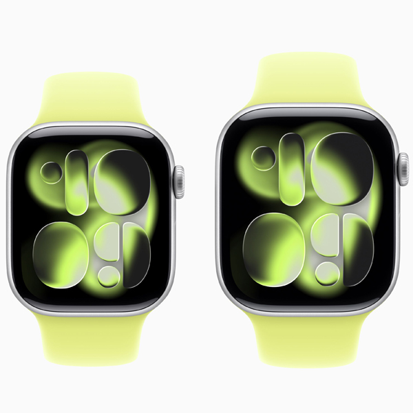 گالری ساعت اپل سری 11 Apple Watch Series 11 Silver Aluminum Case with Neon Yellow Band 42mm، گالری ساعت اپل سری 11 نقره ای و بند اسپرت زرد 42 میلیمتر