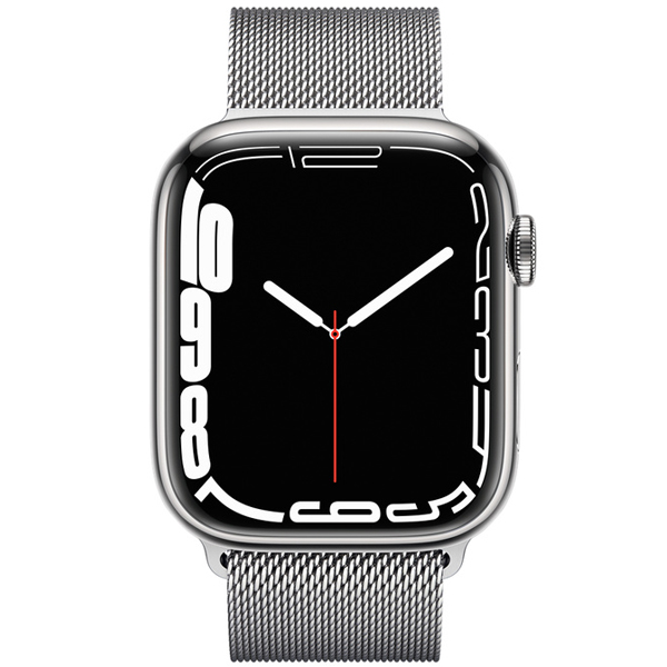 عکس ساعت اپل سری 7 سلولار Apple Watch Series 7 Cellular Silver Stainless Steel Case with Silver Milanese Loop 45mm، عکس ساعت اپل سری 7 سلولار بدنه استیل نقره ای با بند استیل میلان نقره ای 45 میلیمتر