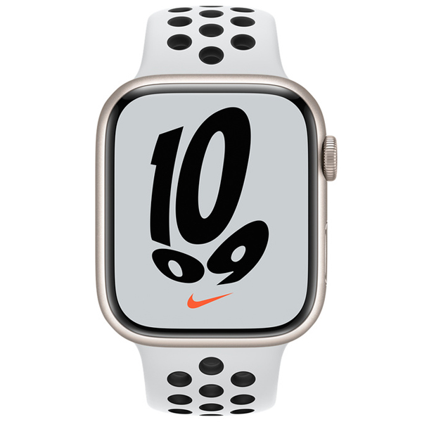 عکس ساعت اپل سری 7 نایکی بدنه آلومینیومی استارلایت بند نایکی استارلایت 45 میلیمتر، عکس Apple Watch Series 7 Nike Starlight Aluminum Case with Pure Platinum/Black Nike Sport Band 45mm