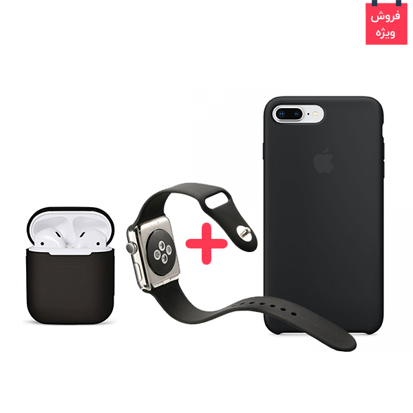 تصاویر قاب آیفون 8 پلاس + کاور ایرپاد + بند اپل واچ سیلیکونی ست مشکی، تصاویر iPhone 8 Plus Case + AirPod Case + Apple Watch Band Silicone Black Set