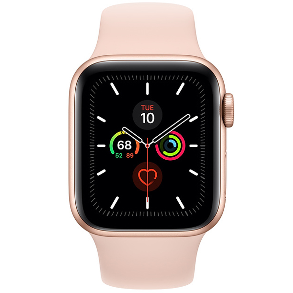 عکس ساعت اپل سری 5 جی پی اس بدنه آلومینیوم طلایی و بند اسپرت صورتی 44 میلیمتر، عکس Apple Watch Series 5 GPS Gold Aluminum Case with Pink Sand Sport Band 44 mm
