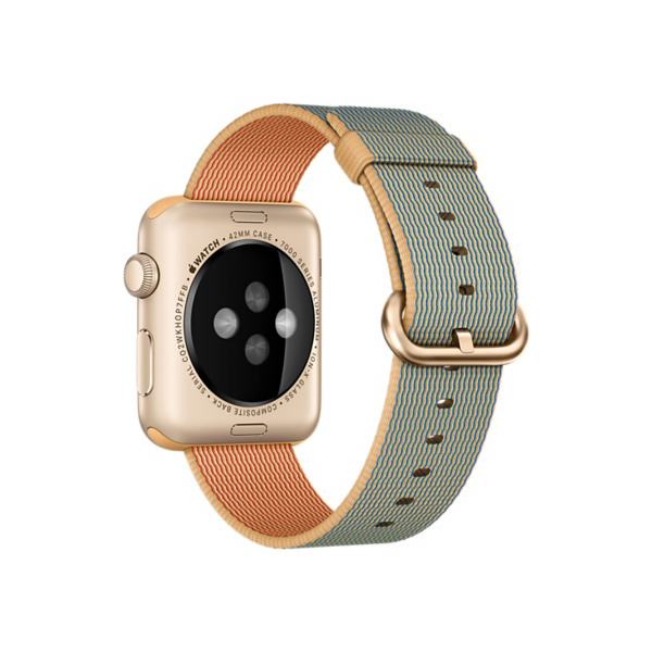 عکس ساعت اپل بدنه آلومینیوم طلایی بند نایلونی طلایی آبی رویال 42 میلیمتر، عکس Apple Watch Watch Gold Aluminum Case Gold/ Royal Blue Woven Nylon 42mm