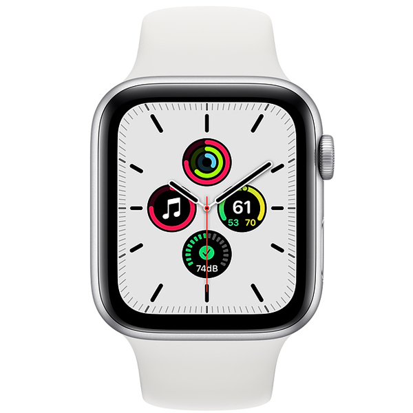 عکس ساعت اپل اس ای جی پی اس Apple Watch SE GPS Silver Aluminum Case with White Sport Band 44mm، عکس ساعت اپل اس ای جی پی اس بدنه آلومینیم نقره ای و بند اسپرت سفید 44 میلیمتر