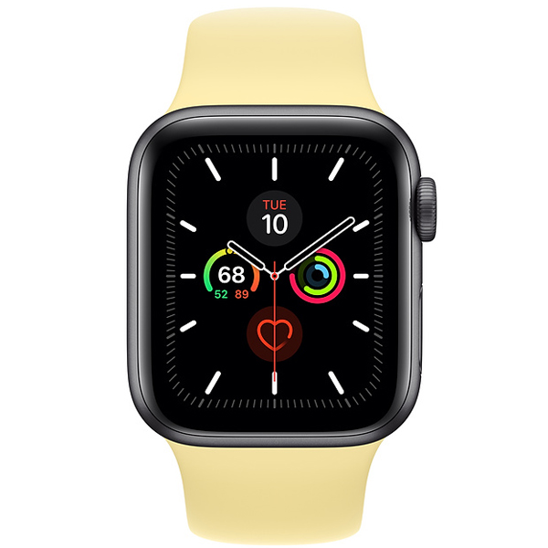 عکس ساعت اپل سری 5 جی پی اس Apple Watch Series 5 GPS Space Gray Aluminum Case with Yellow Sport Band 40 mm، عکس ساعت اپل سری 5 جی پی اس بدنه آلومینیوم خاکستری و بند اسپرت زرد 40 میلیمتر