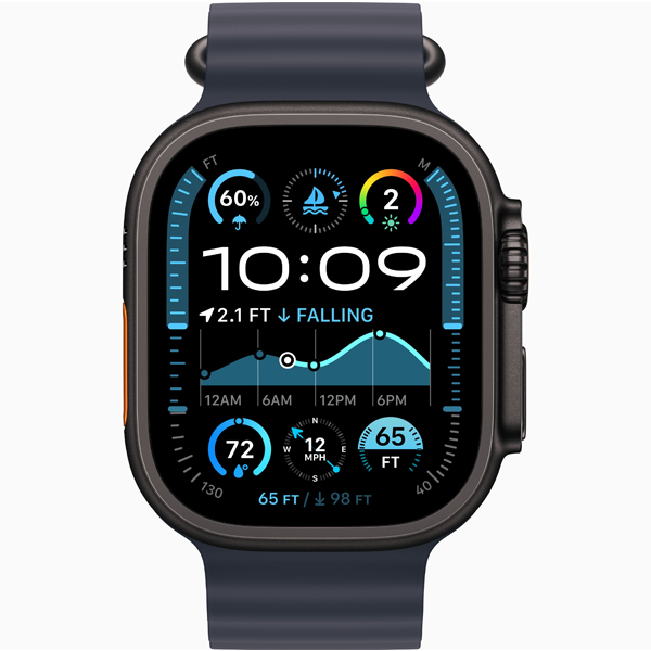 عکس ساعت اپل اولترا 2 Apple Watch Ultra 2 Black Titanium Case with Navy Ocean Band، عکس ساعت اپل اولترا 2 بدنه تیتانیوم مشکی و بند اوشن آبی