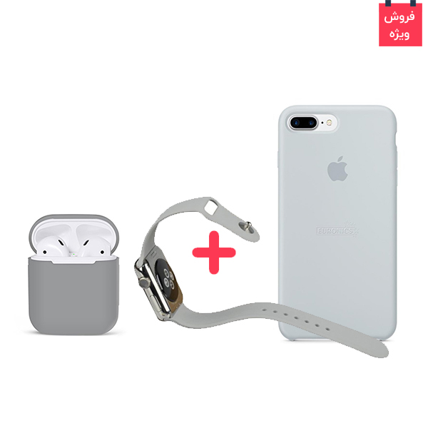 تصاویر قاب آیفون 8 پلاس + کاور ایرپاد + بند اپل واچ سیلیکونی ست طوسی، تصاویر iPhone 8 Plus Case + AirPod Case + Apple Watch Band Silicone Gray Set