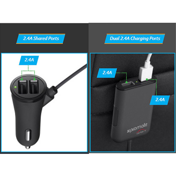 عکس Car Charger 7.2A Quad USB with Dual Port Rear Promate CarHub-4، عکس شارژر فندکی 7.2 آمپر پرومیت مدل CarHub-4
