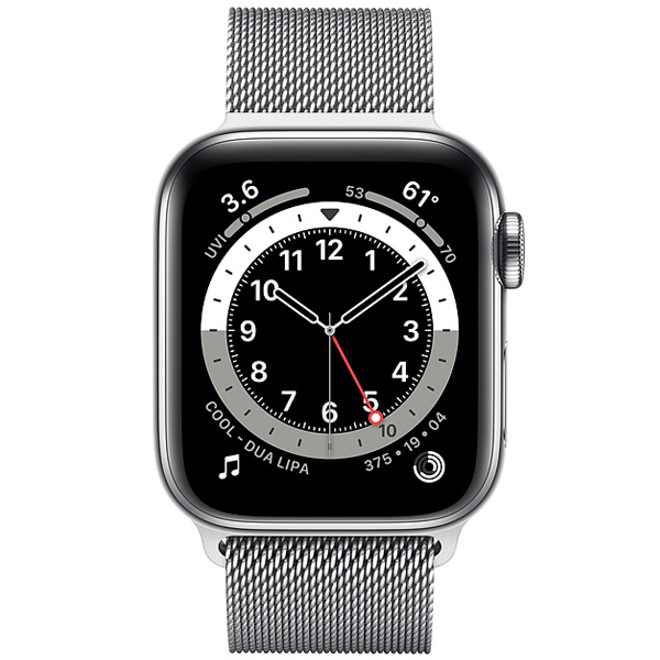 عکس ساعت اپل سری 6 سلولار Apple Watch Series 6 Cellular Silver Stainless Steel Case with Silver Milanese Loop Band 40mm، عکس ساعت اپل سری 6 سلولار بدنه استیل نقره ای و بند استیل میلان نقره ای 40 میلیمتر