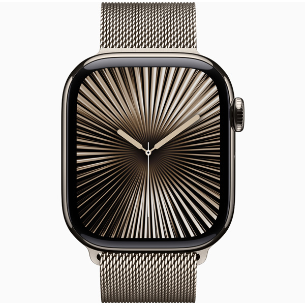 عکس ساعت اپل سری 10 سلولار Apple Watch Series 10 Cellular Natural Titanium Case with Natural Milanese Loop 42mm، عکس ساعت اپل سری 10 سلولار بدنه تیتانیوم نچرال و بند میلان نچرال 42 میلیمتر