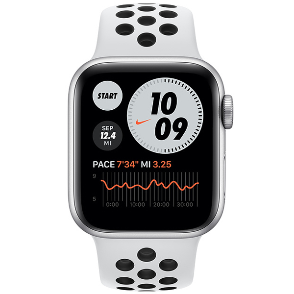عکس ساعت اپل سری 6 نایکی Apple Watch Series 6 Nike Silver Aluminum Case with Pure Platinum/Black Nike Sport Band 40mm، عکس ساعت اپل سری 6 نایکی بدنه آلومینیم نقره ای و بند نایکی سفید و مشکی 40 میلیمتر
