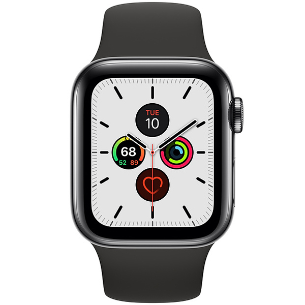 عکس ساعت اپل سری 5 سلولار Apple Watch Series 5 Cellular Space Black Stainless Steel Case with Black Sport Band 40 mm، عکس ساعت اپل سری 5 سلولار بدنه استیل مشکی و بند اسپرت مشکی 40 میلیمتر