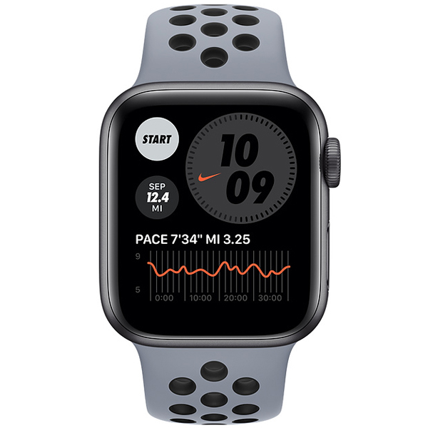 عکس ساعت اپل سری 6 نایکی Apple Watch Series 6 Nike Space Gray Aluminum Case with Obsidian Mist/Black Nike Sport Band 40mm، عکس ساعت اپل سری 6 نایکی بدنه آلومینیم خاکستری و بند نایکی طوسی و مشکی 40 میلیمتر