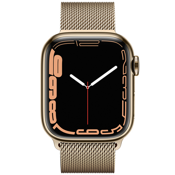 عکس ساعت اپل سری 7 سلولار Apple Watch Series 7 Cellular Gold Stainless Steel Case with Gold Milanese Loop 41mm، عکس ساعت اپل سری 7 سلولار بدنه استیل طلایی با بند استیل میلان طلایی 41 میلیمتر