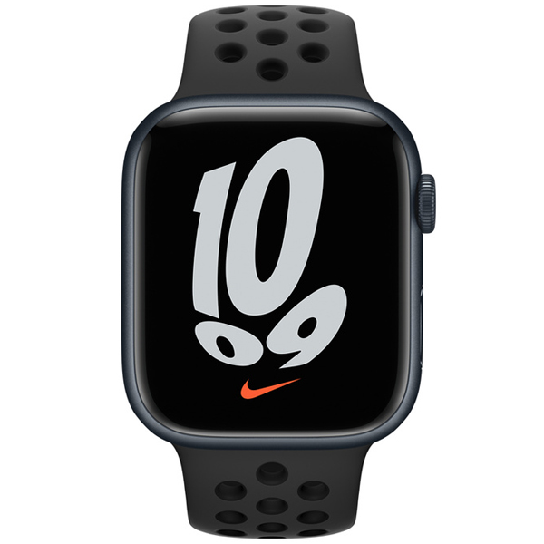 عکس ساعت اپل سری 7 نایکی بدنه آلومینیوم میدنایت بند نایکی مشکی 45 میلیمتر، عکس Apple Watch Series 7 Nike Midnight Aluminum Case with Anthracite/Black Nike Sport Band 45mm