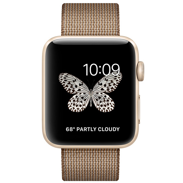 عکس ساعت اپل سری 2 بدنه آلومینیوم طلایی و بند نایلون کافه کارامل 42 میلیمتر، عکس Apple Watch Series 2 Gold Aluminum Case Toasted Coffee/Caramel Woven Nylon 42 mm