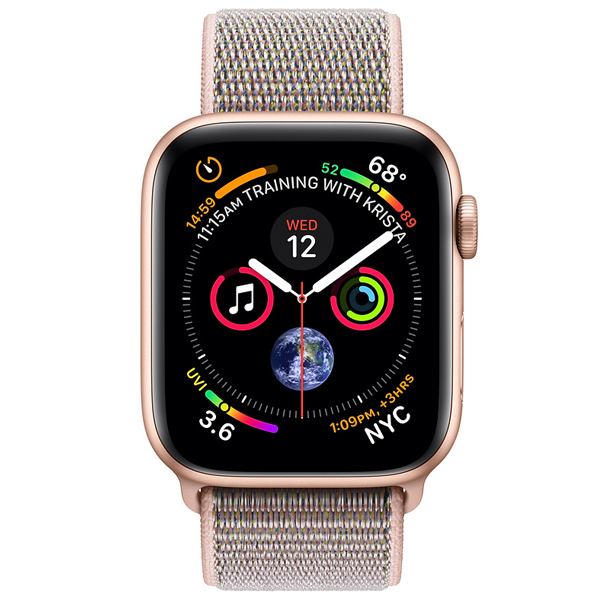 عکس ساعت اپل سری 4 سلولار بدنه آلومینیوم طلایی و بند اسپرت لوپ صورتی 44 میلیمتر، عکس Apple Watch Series 4 Cellular Gold Aluminum Case with Pink Sand Sport Loop 44mm