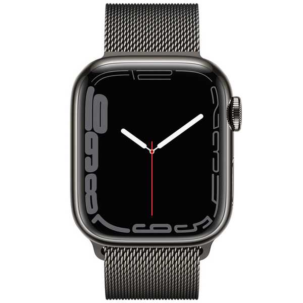عکس ساعت اپل سری 7 سلولار بدنه استیل خاکستری با بند استیل میلان خاکستری 41 میلیمتر، عکس Apple Watch Series 7 Cellular Graphite Stainless Steel Case with Graphite Milanese Loop 41mm