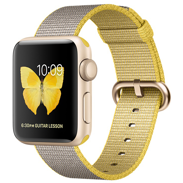 تصاویر ساعت اپل سری 2 بدنه آلومینیوم طلایی و بند نایلون زرد 38 میلیمتر، تصاویر Apple Watch Series 2 Gold Aluminum Case with Yellow/Light Gray Woven Nylon 38 mm