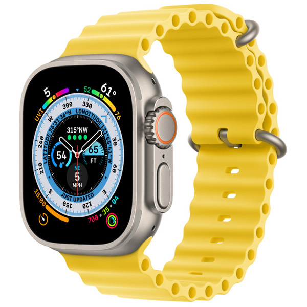 Apple Watch Ultra Titanium Case with Yellow Ocean Band، ساعت اپل اولترا بدنه تیتانیوم و بند اوشن زرد