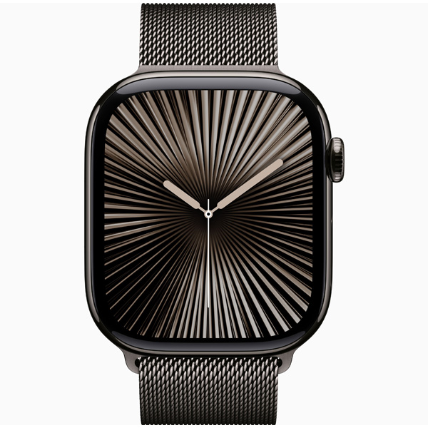 عکس ساعت اپل سری 10 سلولار Apple Watch Series 10 Cellular Slate Titanium Case with Slate Milanese Loop 46mm، عکس ساعت اپل سری 10 سلولار بدنه تیتانیوم سنگی و بند میلان سنگی 46 میلیمتر