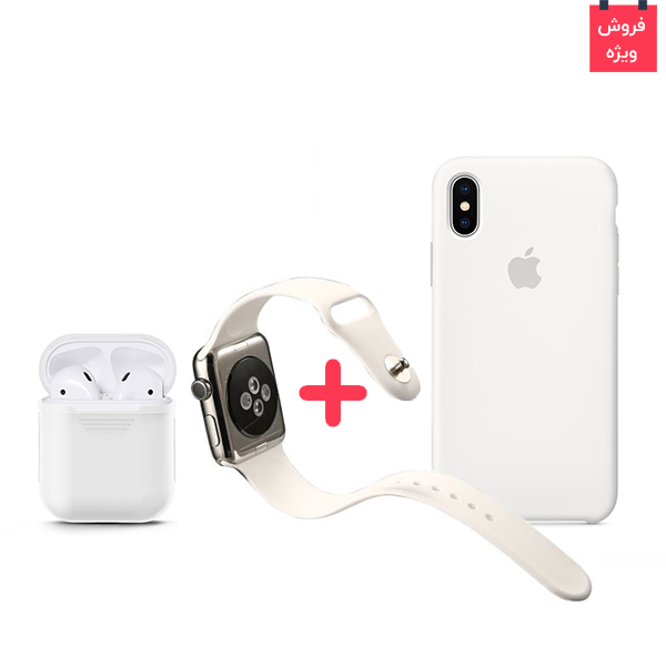 تصاویر قاب آیفون ایکس + کاور ایرپاد + بند اپل واچ سیلیکونی سفید، تصاویر iPhone X Case + AirPod Case + Apple Watch Band Silicone White Set