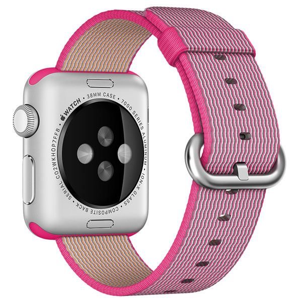 عکس ساعت اپل Apple Watch Watch Silver Aluminum Case with Pink Woven Nylon 38mm، عکس ساعت اپل بدنه آلومینیوم نقره ای بند نایلونی صورتی 38 میلیمتر