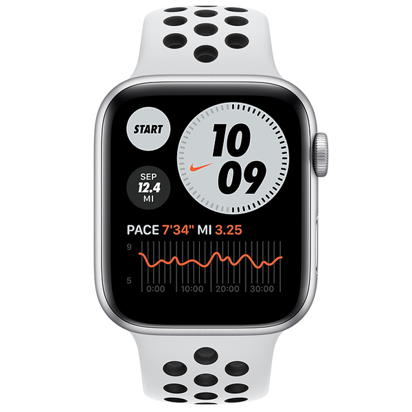 عکس ساعت اپل اس ای نایکی Apple Watch SE Nike Silver Aluminum Case with Pure Platinum/Black Nike Sport Band 44mm، عکس ساعت اپل اس ای نایکی بدنه آلومینیم نقره ای و بند نایکی سفید و مشکی 44 میلیمتر