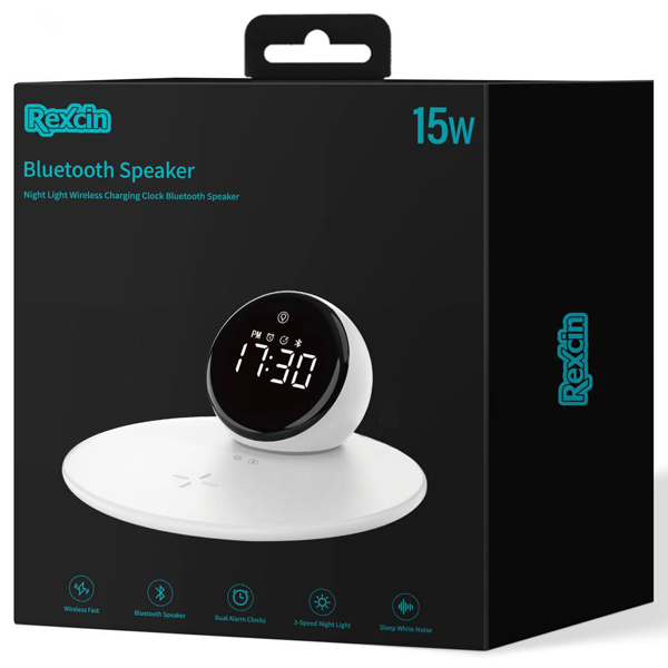 ویدیو Rexcin Night Light Wireless Charging Clock Bluetooth Speaker Rex-W17، ویدیو اسپیکر بلوتوثی، شارژر بی سیم و ساعت رومیزی رکسین مدل Rex-W17