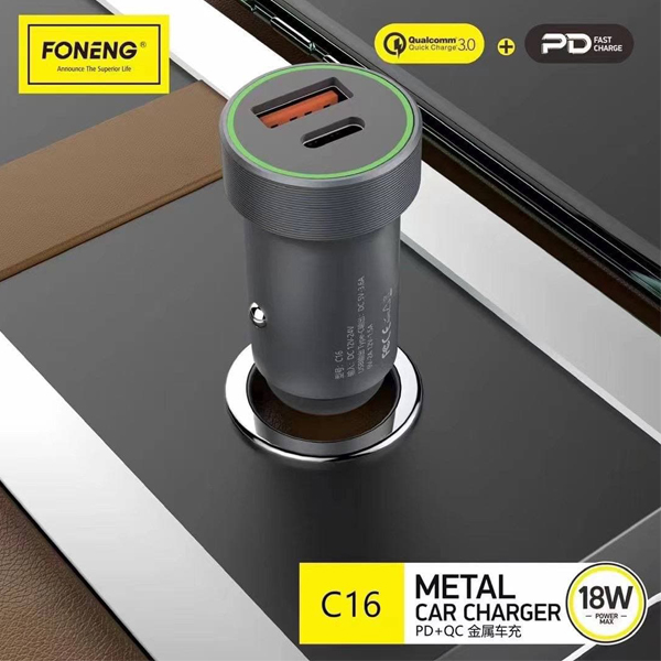 گالری شارژر فندکی فوننگ مدل C16، گالری Foneng C16 QC+PD metal car charger kit