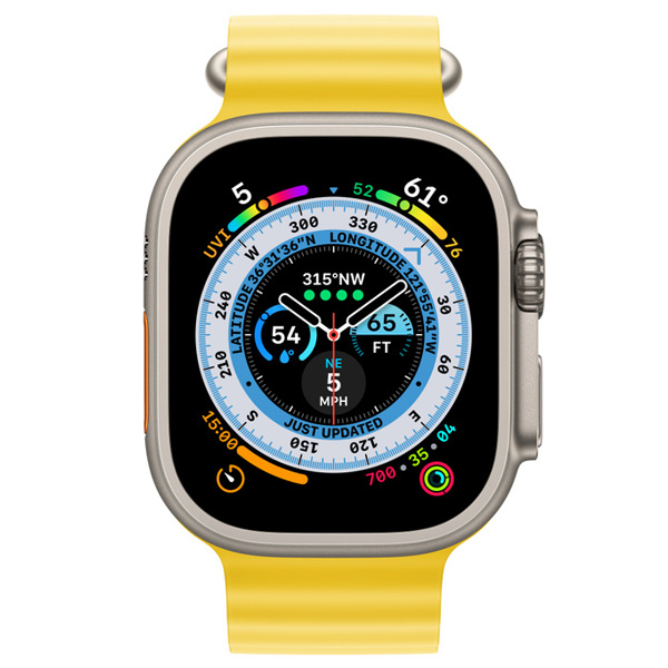 عکس ساعت اپل اولترا بدنه تیتانیوم و بند اوشن زرد، عکس Apple Watch Ultra Titanium Case with Yellow Ocean Band