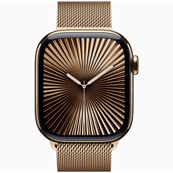 عکس ساعت اپل سری 10 سلولار Apple Watch Series 10 Cellular Gold Titanium Case with Gold Milanese Loop 42mm، عکس ساعت اپل سری 10 سلولار بدنه تیتانیوم طلایی و بند میلان طلایی 42 میلیمتر