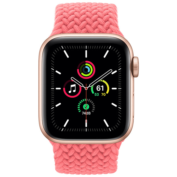 عکس ساعت اپل اس ای جی پی اس Apple Watch SE GPS Gold Aluminum Case with Pink Punch Braided Solo Loop، عکس ساعت اپل اس ای جی پی اس بدنه آلومینیم طلایی و بند سولو لوپ بافته شده صورتی