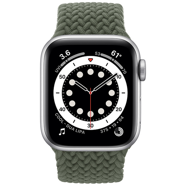 عکس ساعت اپل سری 6 جی پی اس بدنه آلومینیم نقره ای و بند سولو لوپ بافته شده سبز 44 میلیمتر، عکس Apple Watch Series 6 GPS Silver Aluminum Case with Inverness Green Braided Solo Loop 44mm