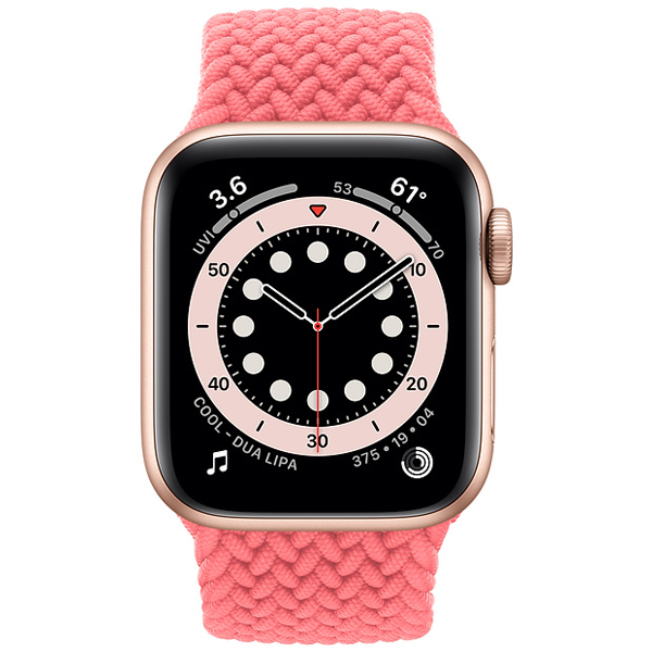 عکس ساعت اپل سری 6 جی پی اس بدنه آلومینیم طلایی و بند سولو لوپ بافته شده صورتی 44میلیمتر، عکس Apple Watch Series 6 GPS Gold Aluminum Case with Pink Punch Braided Solo Loop 44mm